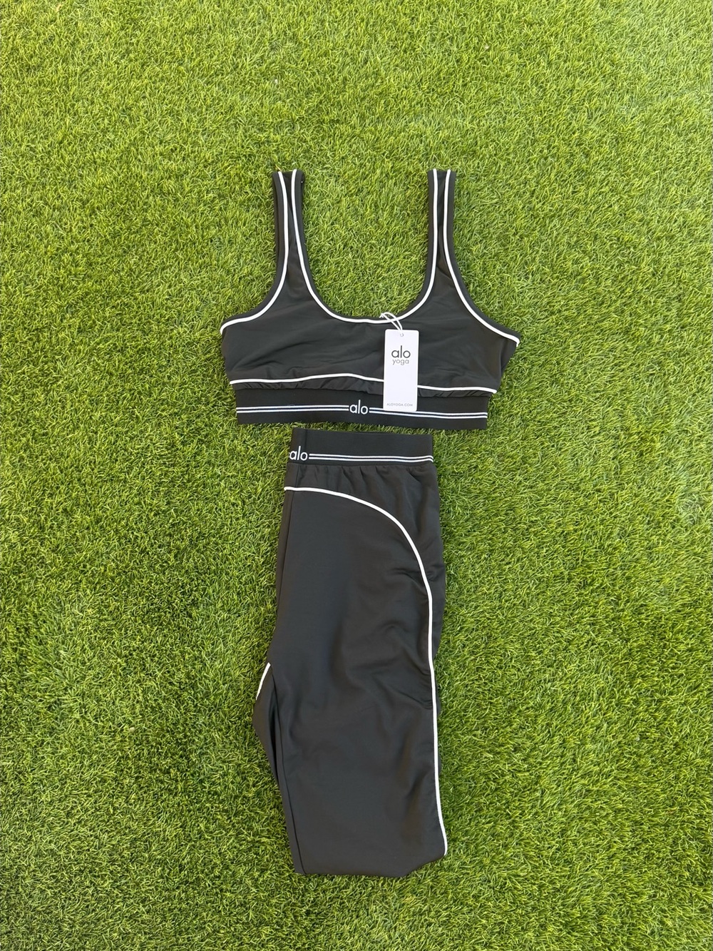 ALO Yoga Black Track Jogger Set with White Piping